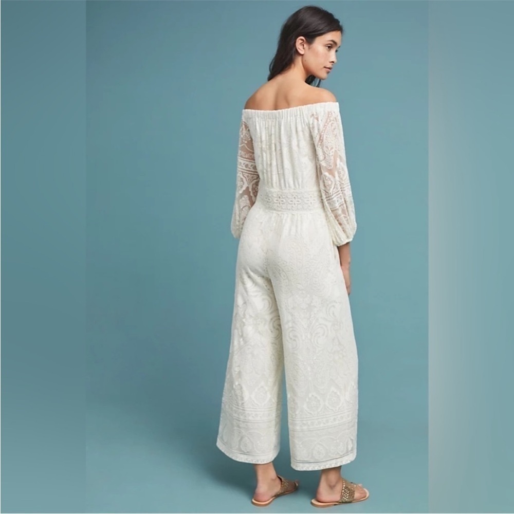 Farm Rio Anthropologie Elliot Ivory Off the Shoulder Elegant Jumpsuit SI… - Picture 4 of 15